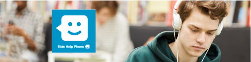 Stock image of youth wearing headphone with KIDS HELP PHONE logo in foreground