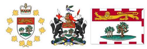 From left to right: Lieutenant Governor's emblem, Coat of Arms and PEI provincial flag